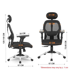 Kuber Industries Ergonomic Office Chairs for Work From Home | Comes with Manual Height Adjustable Armrest, Headrest & 2D Lumbar Support | Comfy Study Chair for Students with Wheels | Black