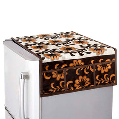 Kuber Industries Fridge Top Cover | Fridge Top Cover with Pockets | Refrigerator Top Cover for Kitchen | Fridge Top Cover with 6 Utility Pockets | Kniting Flower Fridge Cover | Brown