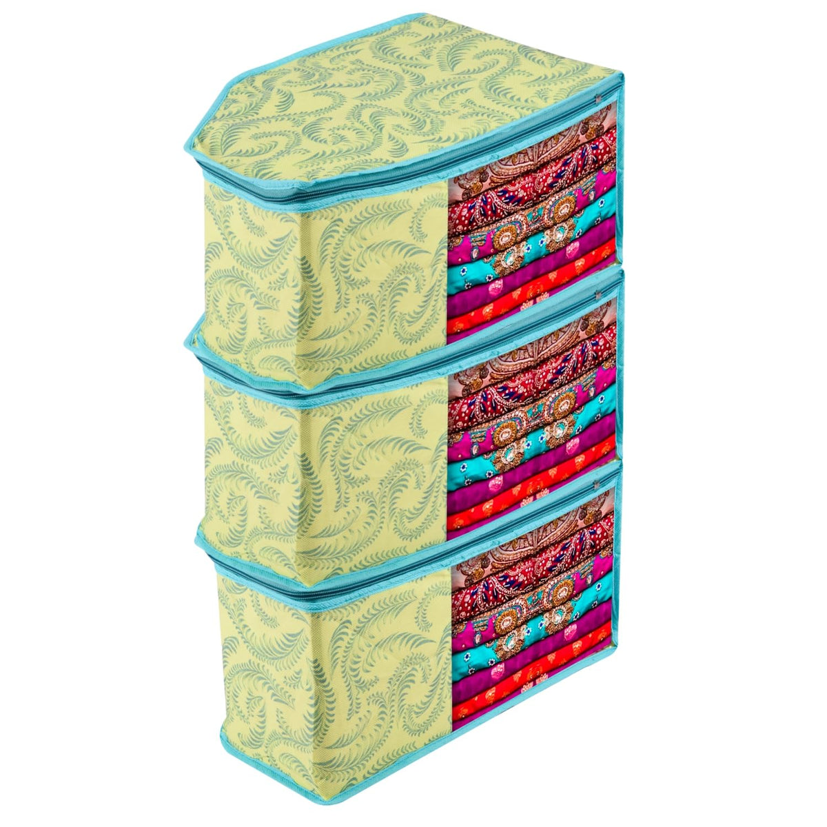 Heart Home Blouse Cover | Clothes Storage Bag | Zipper Wardrobe Organizers | Non-Woven Clothes Organiser | Side Transparent Blouse Organizer | Leaf-Design | Pack of 3 | Green