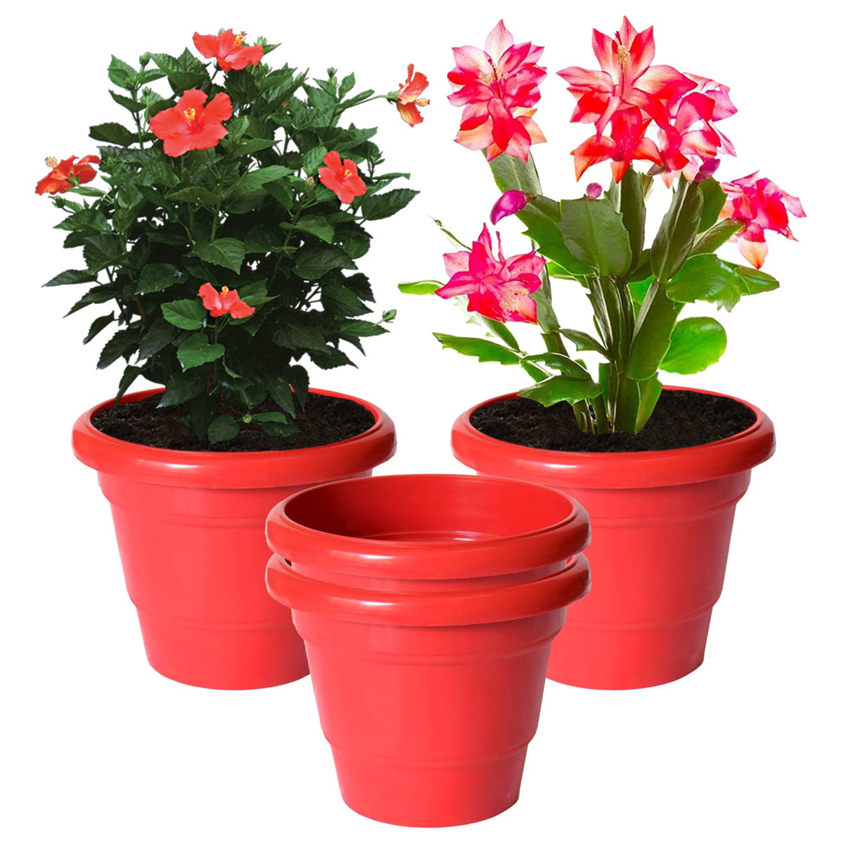Kuber Industries Solid 2 Layered Plastic Flower Pot|Gamla for Home Decor,Nursery,Balcony,Garden,8"x 6",Pack of 4 (Red)