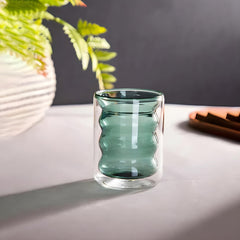 Kuber Industries 4 Pcs Waved Shape Glasses | Double Walled Borosilicate Glass | High Thermal Resistance | Microwave & Dishwasher Safe | 200 ML | Pack of 2 | Green