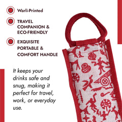 Heart Home Bottle Bag | Jute Carry Bag | Water Bottle Cover | Wine Bottle Bag | Reusable Bottle Bag with Handle | Bottle Bag for Office | Warli-Print Gift Bag | Red