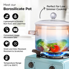 Urbane Home Borosilicate Glass 1.4L Saucepan with Lid & Handle | Induction Pan Cookware | Handi for Cooking | Microwave Safe | Cooktop for Tea/Milk/Pasta/Noodles/Rice | Blue