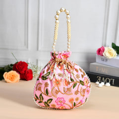 Kuber Industries Potli|Silk Wedding Potli|Christmas Gift Potli|Baby Shower Potli|Traditional Shagun Potli|Drawstring with Beads Handle Potli|New Flower Embroidery Potli|Pack of 3|Pink