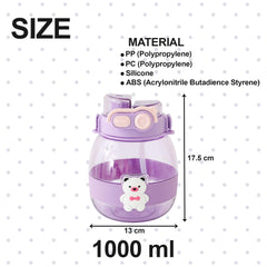 Kuber Industries Pack of 5 Kids Water Bottle With Straw |Cute Teddy Bear Sipper Water Bottle For Kids Boys Girls| Water Bottle with Locking Flip Lid | 1000 ML | Purple | SYZ-7730A