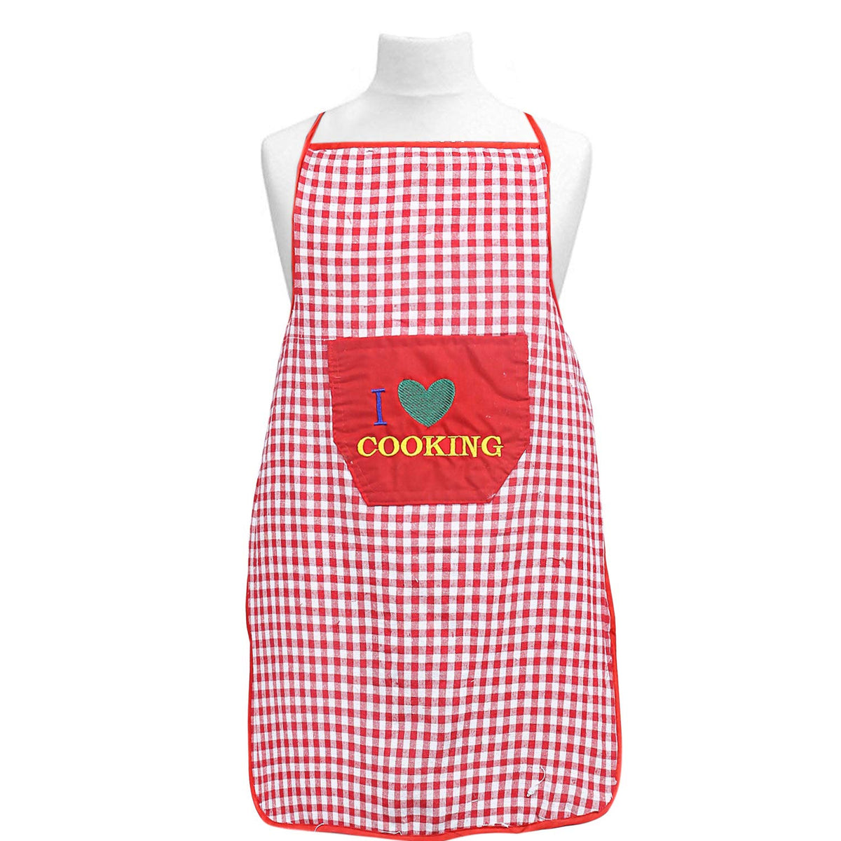 Kuber Industries Checkered Design Cotton Waterproof Apron with Front Pocket (Red)-CTKTC029842
