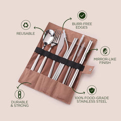 Kuber Industries 7 Pcs Utensil Set | Travel Camping Cutlery Set | Stainless Steel Flatware Set with Bag | Travel Organizer Utensil Set | Durable and Practical | Brown Cover