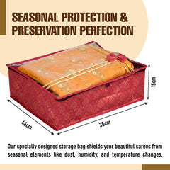 Heart Home Saree Storage Bag | Clothes Storage Bag | Wardrobe Storage Bag | Cloth Storage Organizer | Top Visible Window Saree Bag | Bow Golden Printed | 6 Inch | Pack of 3 | Maroon
