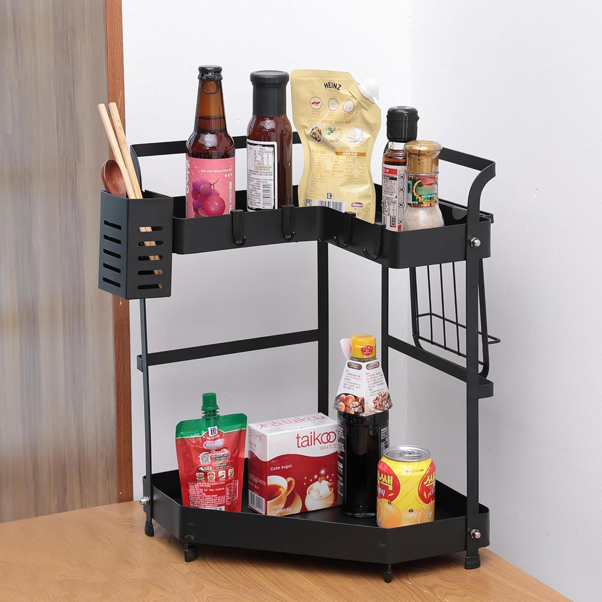 Urbane Home Corner Kitchen Rack|Spice Rack,Chopsticks Rest, Knife Holder|4 Hooks Kitchen Storage Rack|L Shape Basket (Black)