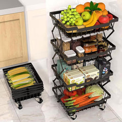 Kuber Industries 4-Layer Collapsible Kitchen Rack|Multipurpose Storage Basket|360-Degree Rotable Kitchen Trolley|Fruit Basket (Black)