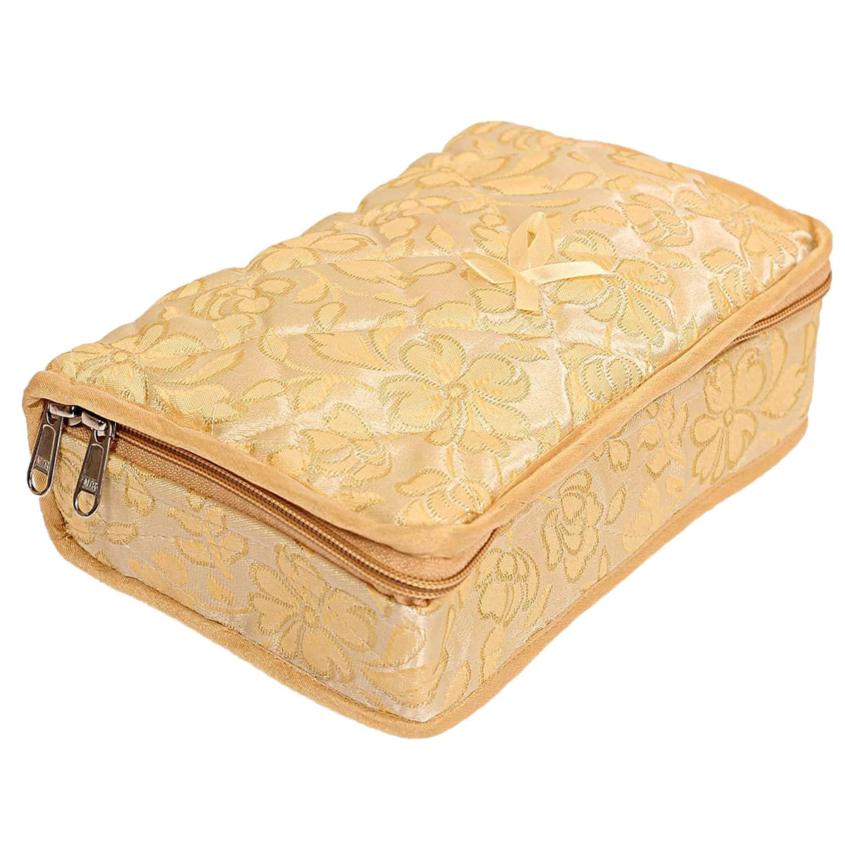 Heart Home Jewellery Kit | Silk Jewellery Storage Kit | Flower Pattern Jewellery Kit | Cosmetic Kit with 4 Flappable & 2 Pouch | Travel Kit for Necklace | Bracelet | Cream