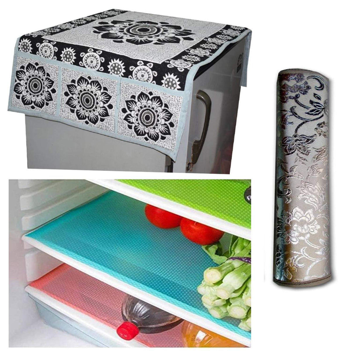 Kuber Industries Cloth 3 Pieces Fridge Mat, 1 Piece Handle Cover and 1 Pieces Fridge Top Cover (Multi)-CTKTC2753