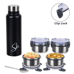 Heart Home Lunch Box Set | Lunch Box for Adult & Older Kids | 4 Containers & Bottle Lunch Box Set | Lunch Box for Office | Lunch Box for Collage | Clip Lock Lunch Set | Set of 7 | Blue