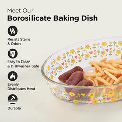 Urbane Home 4000 ml Borosilicate Printed Glass Baking Tray | Transparent Microwave Oven Safe Utensils | Oval Bread Moulds for Baking | Dishwasher & Freezer Safe | Multipurpose use Serving Tray