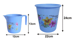 Kuber Industries Printed 2 Pieces Unbreakable Virgin Plastic Multipurpose Bathroom Dustbin & Mug Set (Blue)