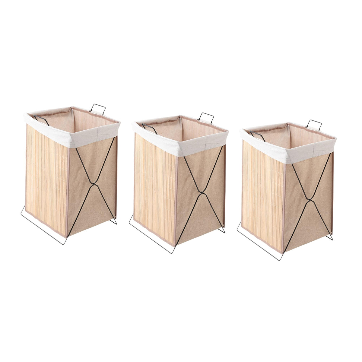 Kuber Industries Pack of 3 Foldable Bamboo Laundry Basket For Clothes With Lid | 51 Ltr Washing Clothes Storage Bag & Laundry Box - Light Brown