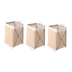 Kuber Industries Pack of 3 Foldable Bamboo Laundry Basket For Clothes With Lid | 51 Ltr Washing Clothes Storage Bag & Laundry Box - Light Brown