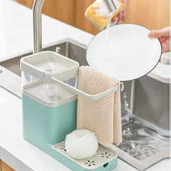 Heart Home 3-in-1 Soap Dispenser (800ml) with Sponge Holder & Towel Rack | Multifunctional Kitchen Accessories Items for Home | Non-Fragile | Blue