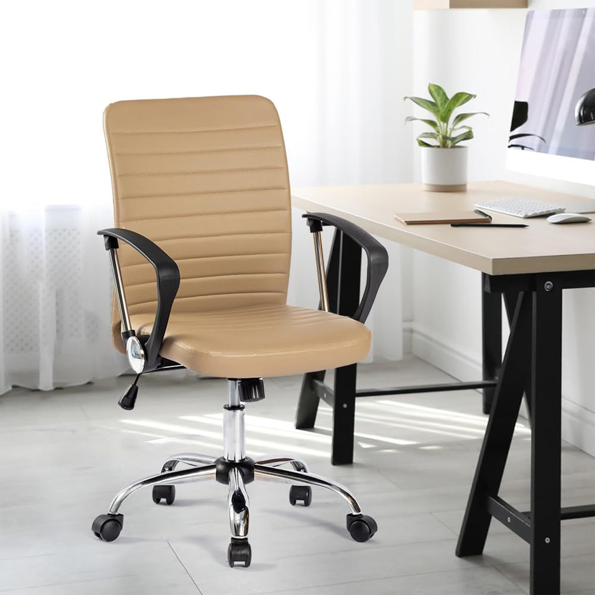 Kuber Industries Ergonomic Leather Office Chairs for Work From Home | Comes with Manual Height Adjustable, Armrest, Headrest & Lumbar Support | Comfy Study Chair for Students with Wheels | Beige