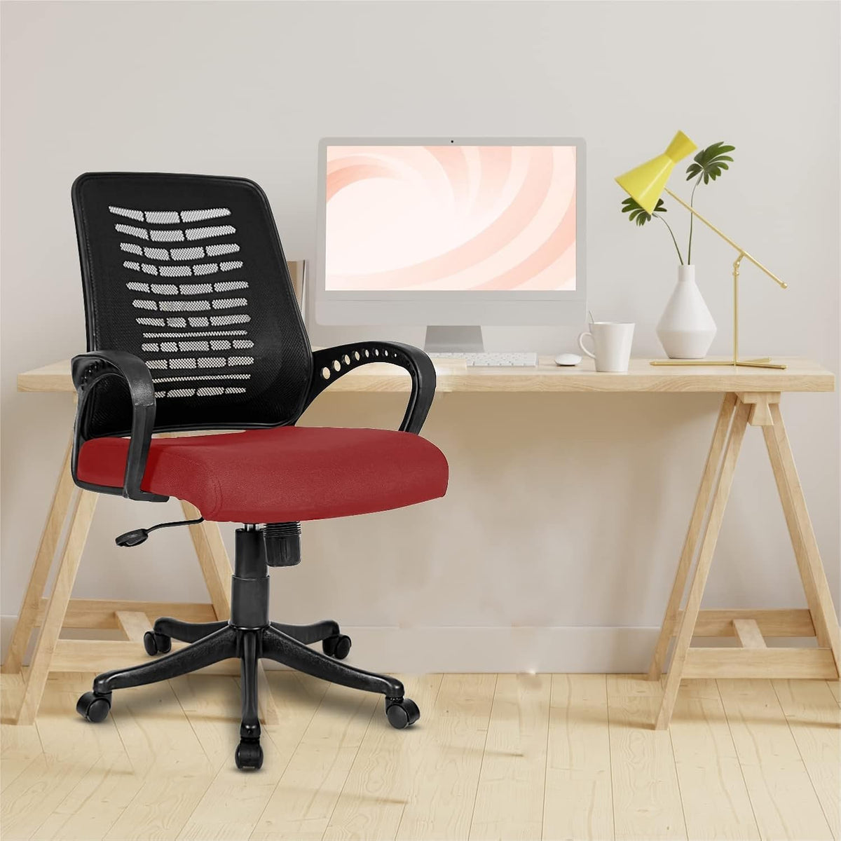 Kuber Industries Ergonomic Revolving Office Chairs for Work From Home | Comes with Manual Height Adjustable, Armrest Support | Comfy Study Chair for Students with Wheels | Black & Red Seat
