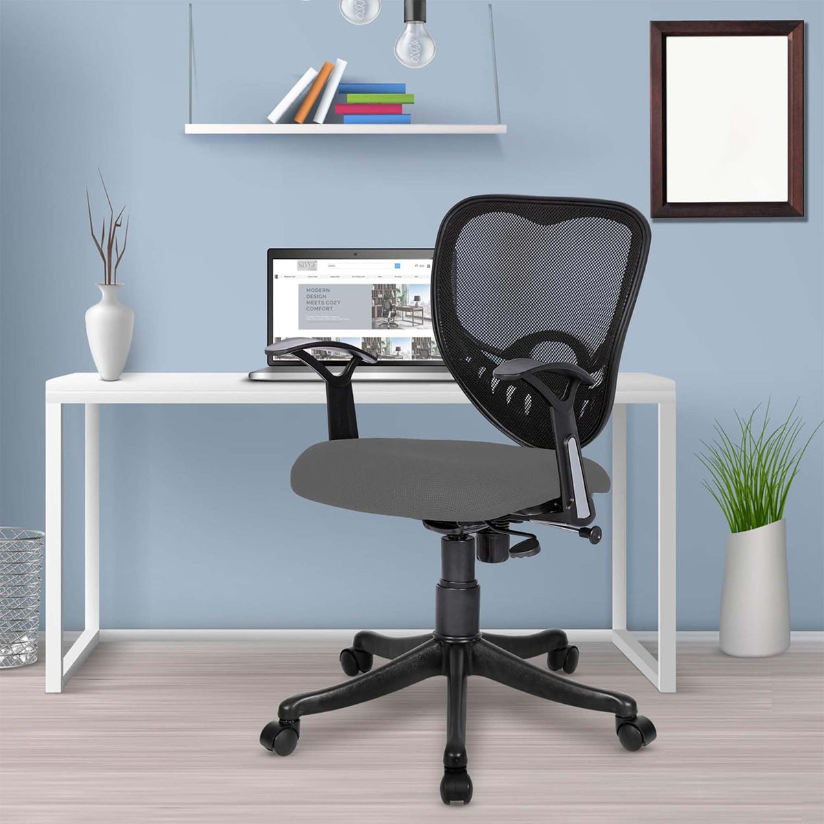 Kuber Industries Ergonomic Revolving Office Chairs for Work From Home | Comes with Manual Height Adjustable, Armrest & Lumbar Support | Comfy Study Chair for Students with Wheels | Black & Grey Seat