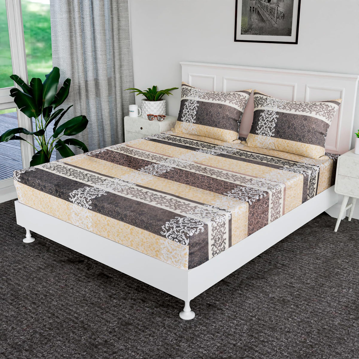 Heart Home Double Bedsheet | Premium Cotton Bedsheet with 2 Pillow Covers | Bedsheet for Bedroom | Bedsheet for Double Bed | Black Patta Box Bedsheet | Cream