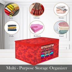 Heart Home Saree Cover | Zip Closure Saree Cover | Clothes Storage Bag | Wardrobe Organiser | Transparent Window Saree Cover | Flower-Design | 9 inch | Pack of 9 | Red