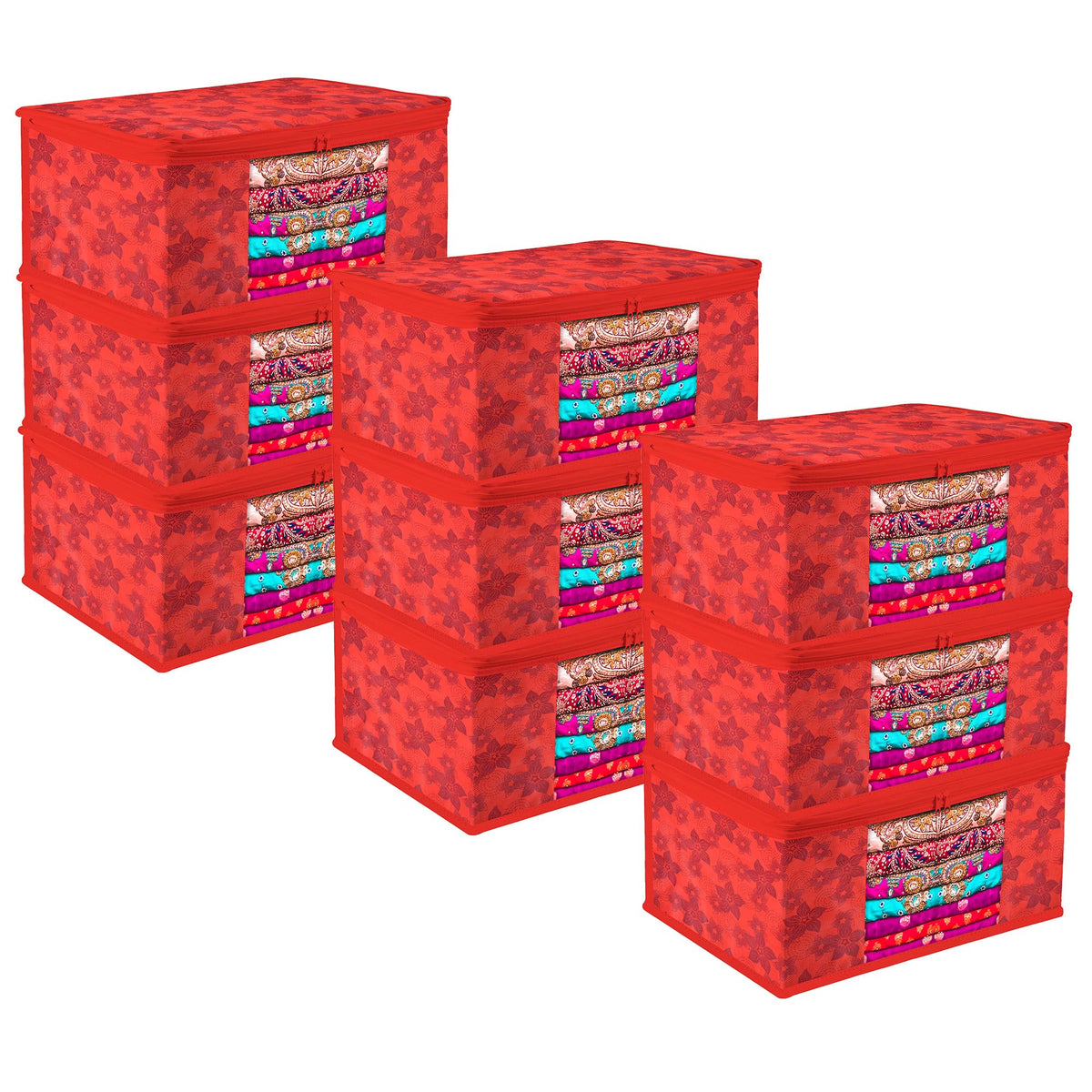 Heart Home Saree Cover | Zip Closure Saree Cover | Clothes Storage Bag | Wardrobe Organiser | Transparent Window Saree Cover | Flower-Design | 9 inch | Pack of 9 | Red