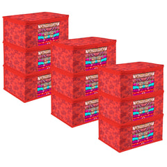 Heart Home Saree Cover | Zip Closure Saree Cover | Clothes Storage Bag | Wardrobe Organiser | Transparent Window Saree Cover | Flower-Design | 9 inch | Pack of 9 | Red