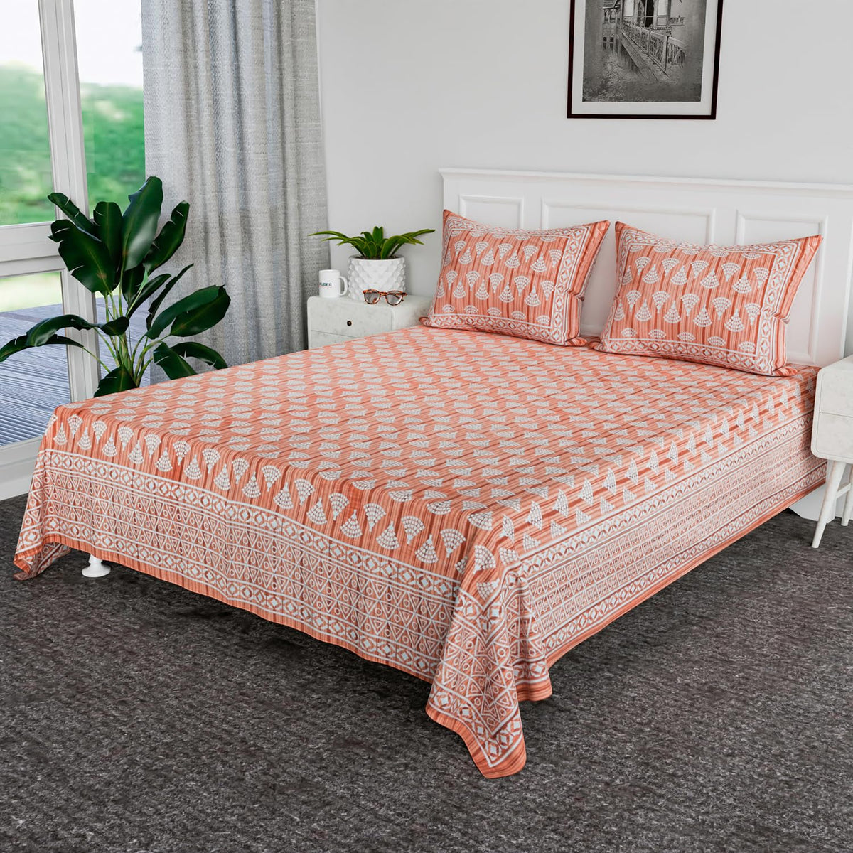 Kuber Industries Double Bedsheet | Premium Cotton Bedsheet with 2 Pillow Covers | Bedsheet for Bedroom | Bedsheet for Double Bed | Triangle Border Heritage | 90x108 Inch | Orange