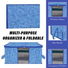 Heart Home Underbed Storage Bag | Clothes Storage Organizer | Blanket Cover with Clear Window | Zipper Closure & Handle Cloth Organizer | Lahariya-Design | Large | Pack of 3 | Blue