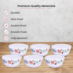 Heart Home Shatter Resistant Melamine White Bowls Set of 6 | Lightweight, BPA Free Aesthetic Bowl Set | Red&Blue Floral Print - White