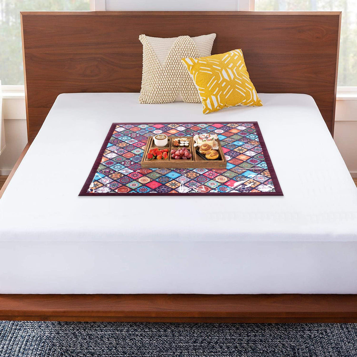 Homestic Food Mat | Digital Rangoli Print Bed Server | Square Laminated Bed Protector for Home | Bed Server for Bedsheet | 27 Inch | Maroon