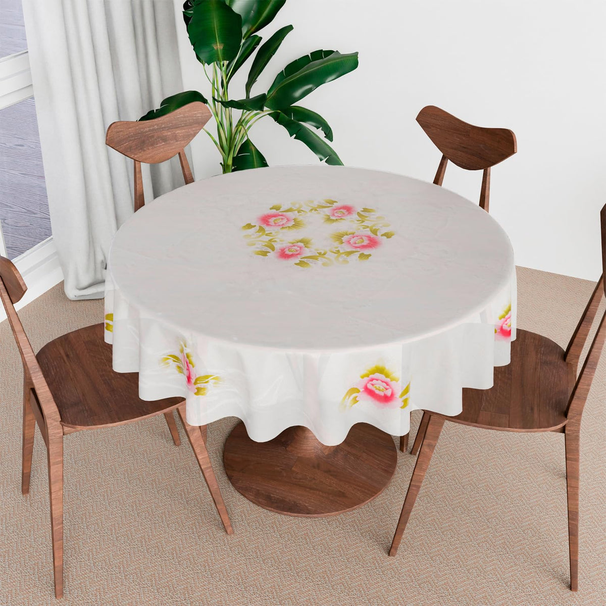 Heart Home Round Table Cover | PVC Table Cloth for Round Tables | 4 Seater Round Table Cloth | Flower Almond Kitchen Dining Tablecloth | Tabletop Cover | 60 Inch | Pink