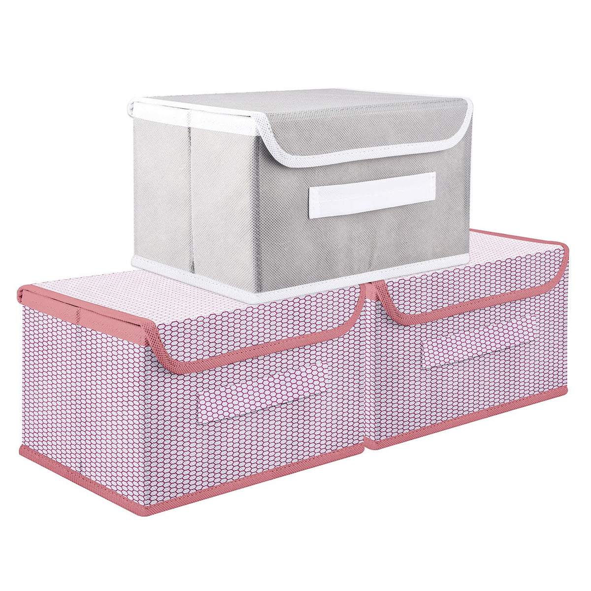 Kuber Industries Drawer Storage Box | Foldable Dhakkan Storage Box | Non-Woven Clothes Organizer For Toys | Storage Box with Handle | Large | Pack of 3 | Pink & Gray