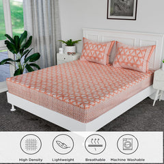 Kuber Industries Double Bedsheet | Premium Cotton Bedsheet with 2 Pillow Covers | Bedsheet for Bedroom | Bedsheet for Double Bed | Triangle Border Heritage | 90x108 Inch | Orange