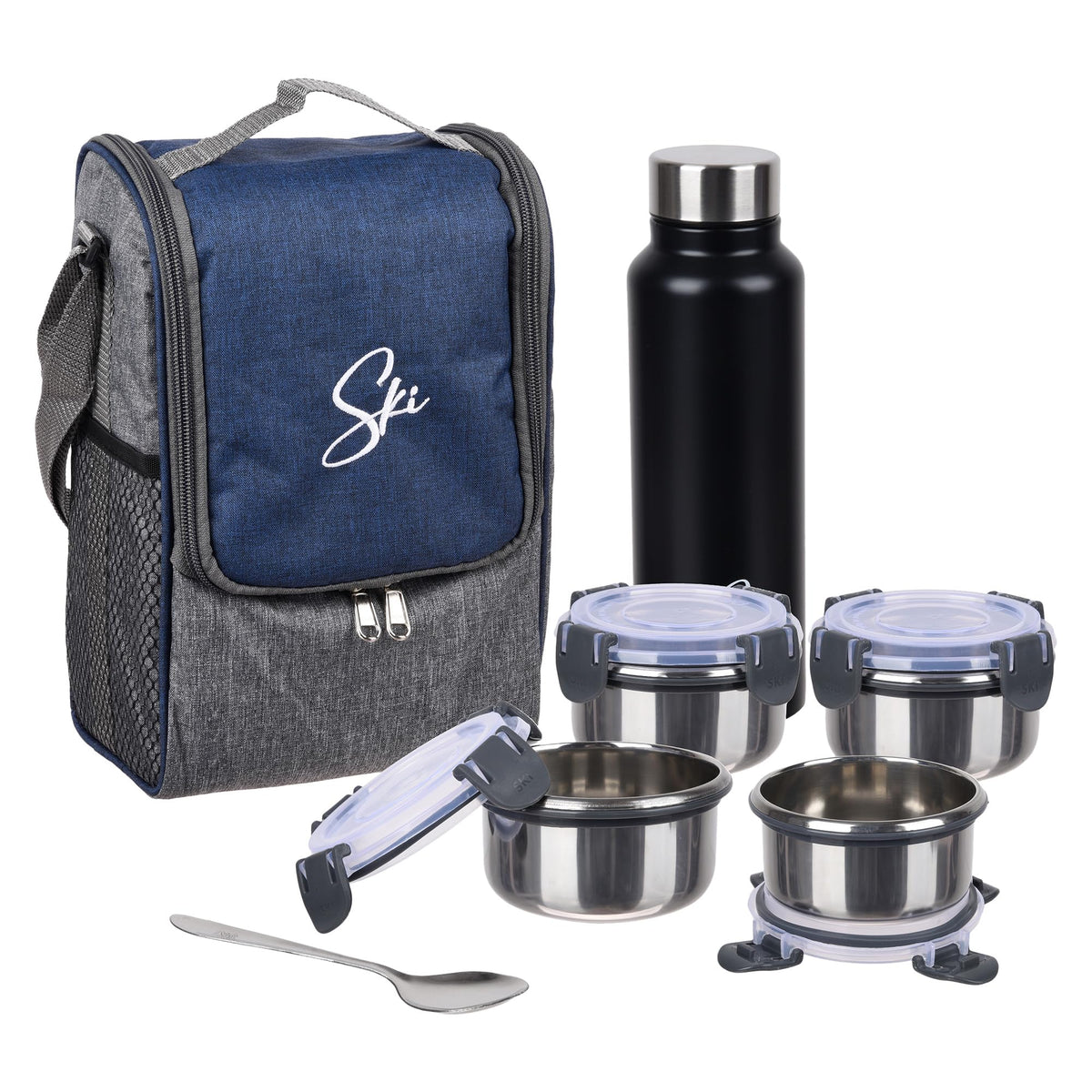 Heart Home Lunch Box Set | Lunch Box for Adult & Older Kids | 4 Containers & Bottle Lunch Box Set | Lunch Box for Office | Lunch Box for Collage | Clip Lock Lunch Set | Set of 7 | Blue