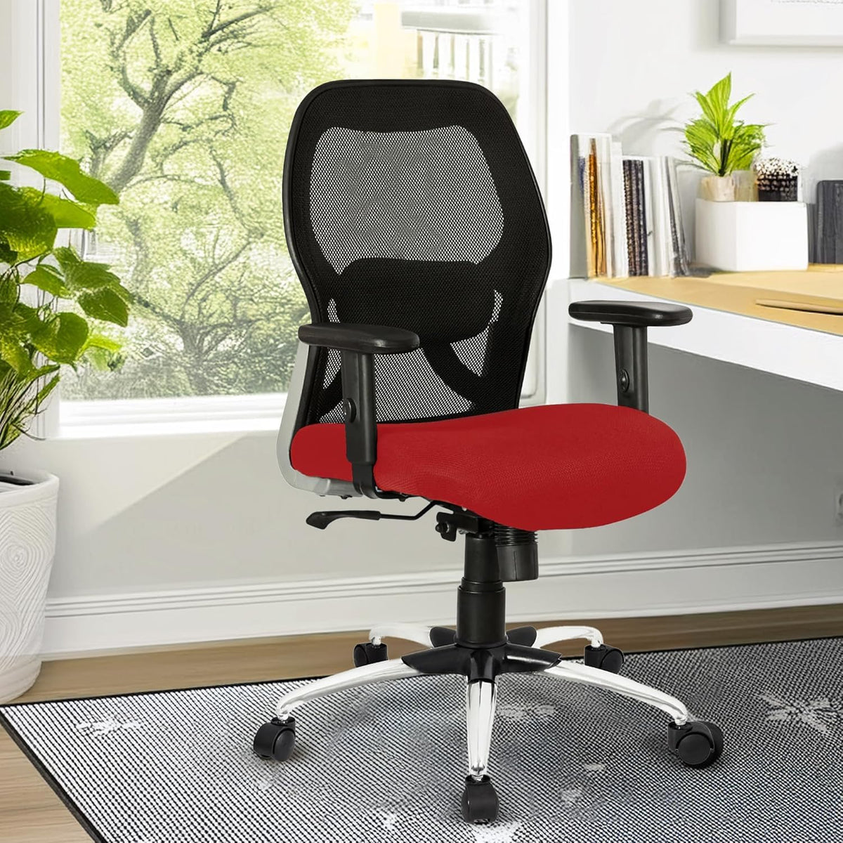 Kuber Industries Ergonomic Office Chairs for Work From Home with Meshback | Comes with Manual Height Adjustable Armrest & Lumbar Support | Comfy Study Chair for Students with Wheels | Black & Red Seat