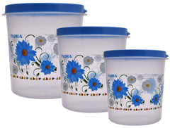Kuber Industries Flower Print Plastic Multipurpose Kitchen Storage Container Set with Flexi Lid 10 LTR,7 LTR & 5 LTR(Set of 3,Blue)-KUBERMART531, Standard