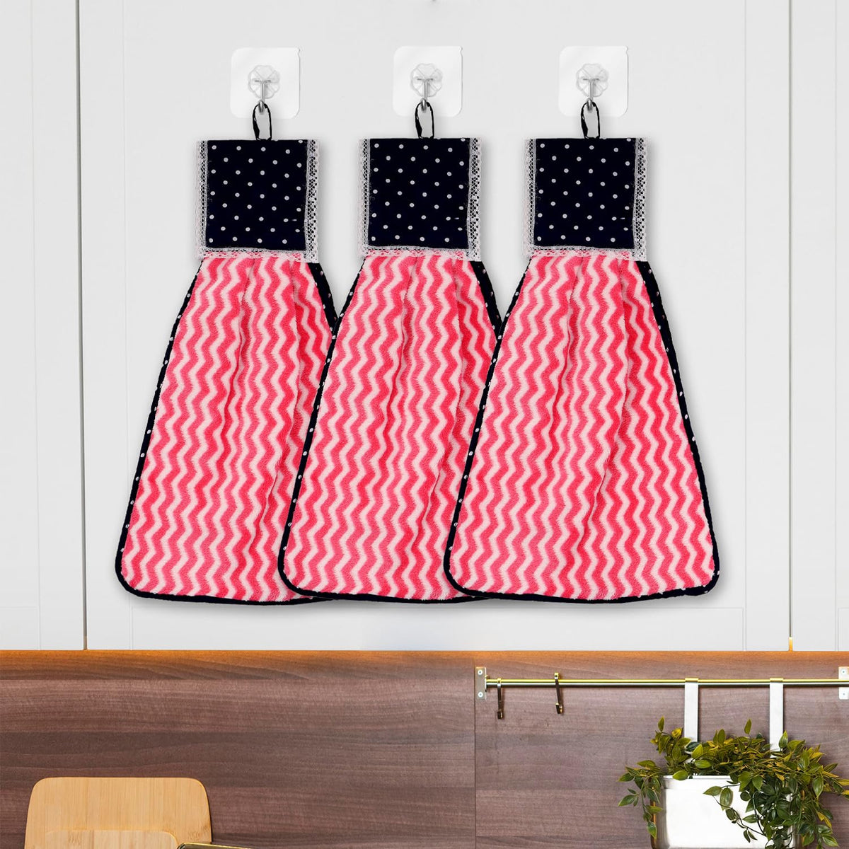 Heart Home Napkin | Washbasin Hanging Napkin | Kitchen Towel with Ties | Napkin for Kitchen | Zig Zag Napkin for Bathroom | Hand Towel for Kitchen | Pack of 3 | Pink