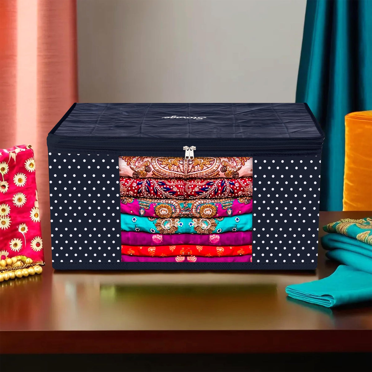 Heart Home Saree Cover | Zipper Closure Saree Storage Bag | Saree Organizer for Wardrobe with Handle | Transparent View Clothes Storage Bag for Lehenga | Side Dot-Design | Blue