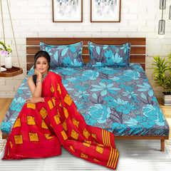 Kuber Industries Fitted Double Bedsheet|Glace Cotton Flower Print Bedsheet with 2 Pillow Covers for Living Room|Bedroom|6x6 Feet (Green)