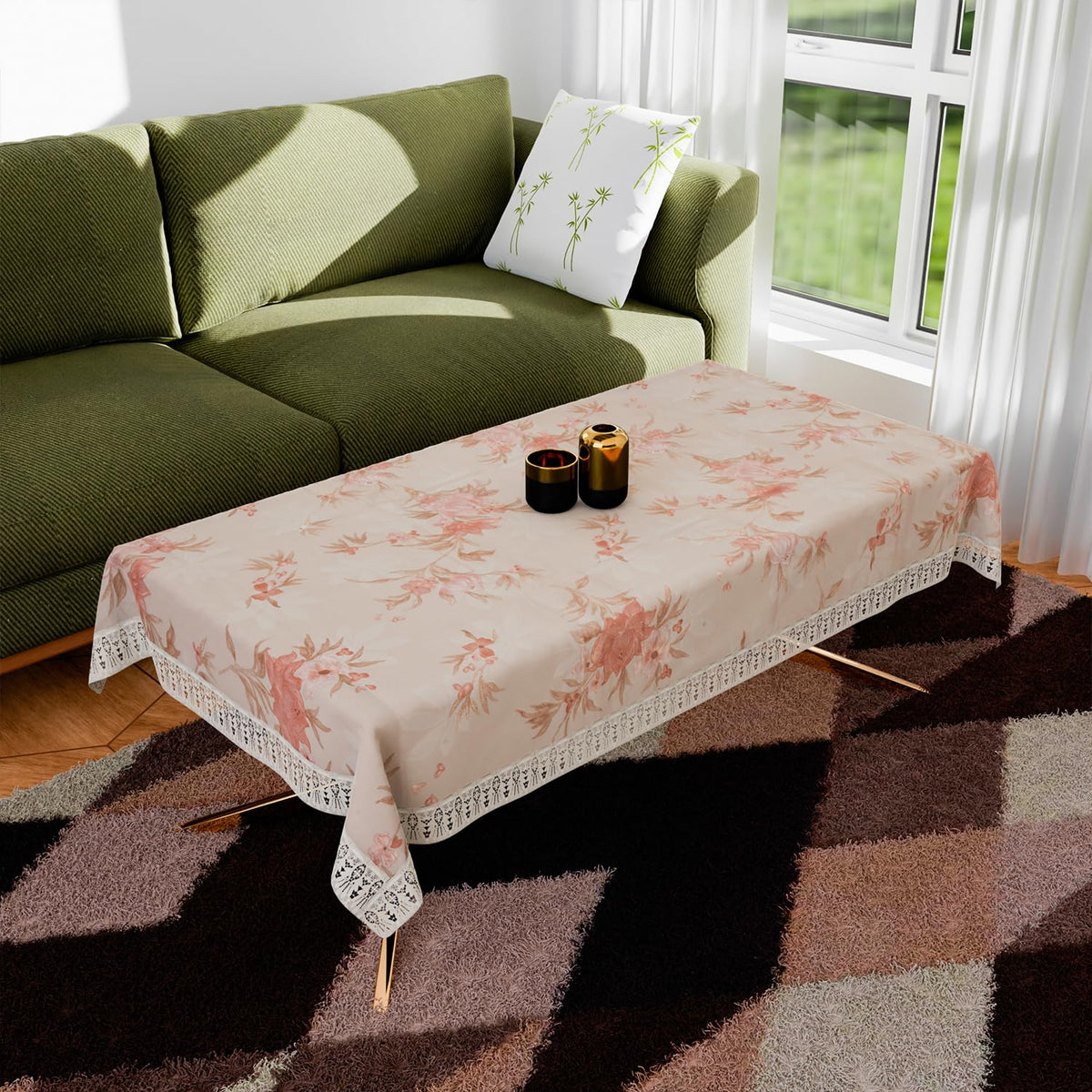 Kuber Industries Center Table Cover | PVC Table Cloth Cover | 4 Seater Table Cloth | Red Flower Table Cover | Table Protector | Table Cover for Center Table | 40x60 Inch | CTC | Cream