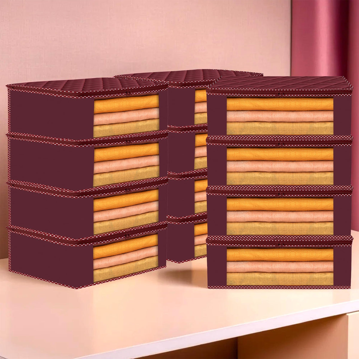 Heart Home Saree Cover | Clothes Storage Bag | Parachute Storage Organizer Bag | Zip Closure Saree Cover | Wardrobe Organizer | Dot Border-Design | 6 Inch | Pack of 12 | Maroon