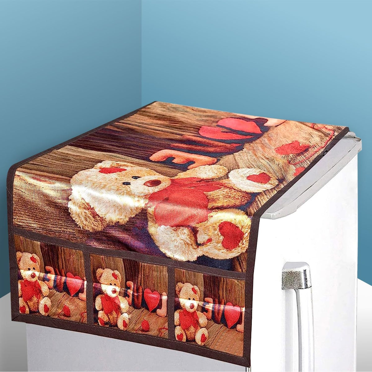 Heart Home Fridge Top Cover | Fridge Top Cover with Pockets | Refrigerator Top Cover for Kitchen | Fridge Top Cover with 6 Utility Pockets | Love-Design Fridge Cover | Brown