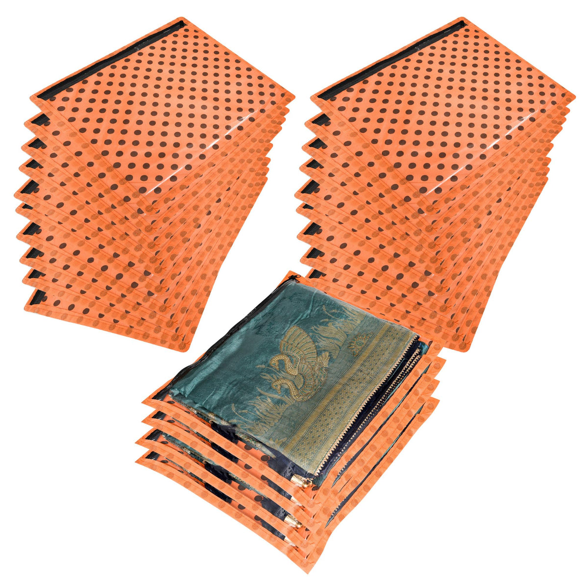 Heart Home Saree Cover | Clothes Storage Bag | Single Packing Saree with Zip Closure | Wardrobe Organizer | Cloth Stoarge Organizer | Dot Design | Pack of 24 | Orange