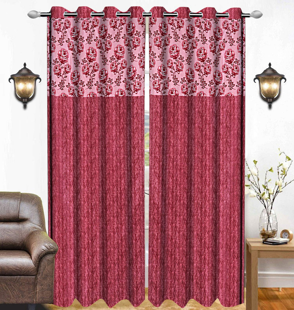 Kuber Industries Rose Design 1 Piece Polyester Eyelet Door Curtain 7 Feet (Pink)-Ctktc30097