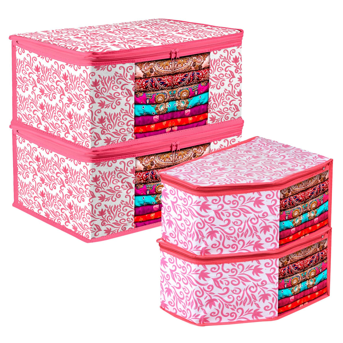 Heart Home Saree Cover & Blouse Cover Set | Saree & Blouse Organizer Combo Set | 2 Pieces Blouse & 2 Pieces Saree Cover Set | Zipper Closure | Leaf-Design | Set of 4 | Pink