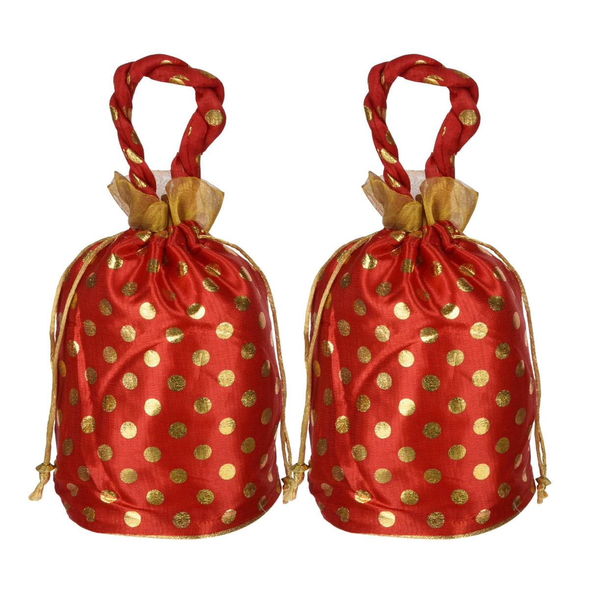 Heart Home Potli|Round Wedding Potli|Silk Drawstring Potli|Wallet Potli with Handle|Christmas Gift Potli|Baby Shower Potli|Traditional Shagun Potli|Golden Dot-Potli|Pack of 2|Red