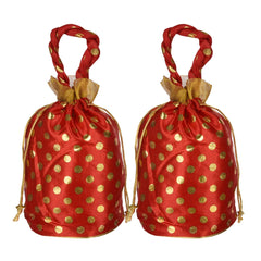 Heart Home Potli|Round Wedding Potli|Silk Drawstring Potli|Wallet Potli with Handle|Christmas Gift Potli|Baby Shower Potli|Traditional Shagun Potli|Golden Dot-Potli|Pack of 2|Red